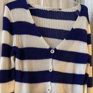 Trina Turk Navy and Cream Striped Knit Button-Front Cardigan